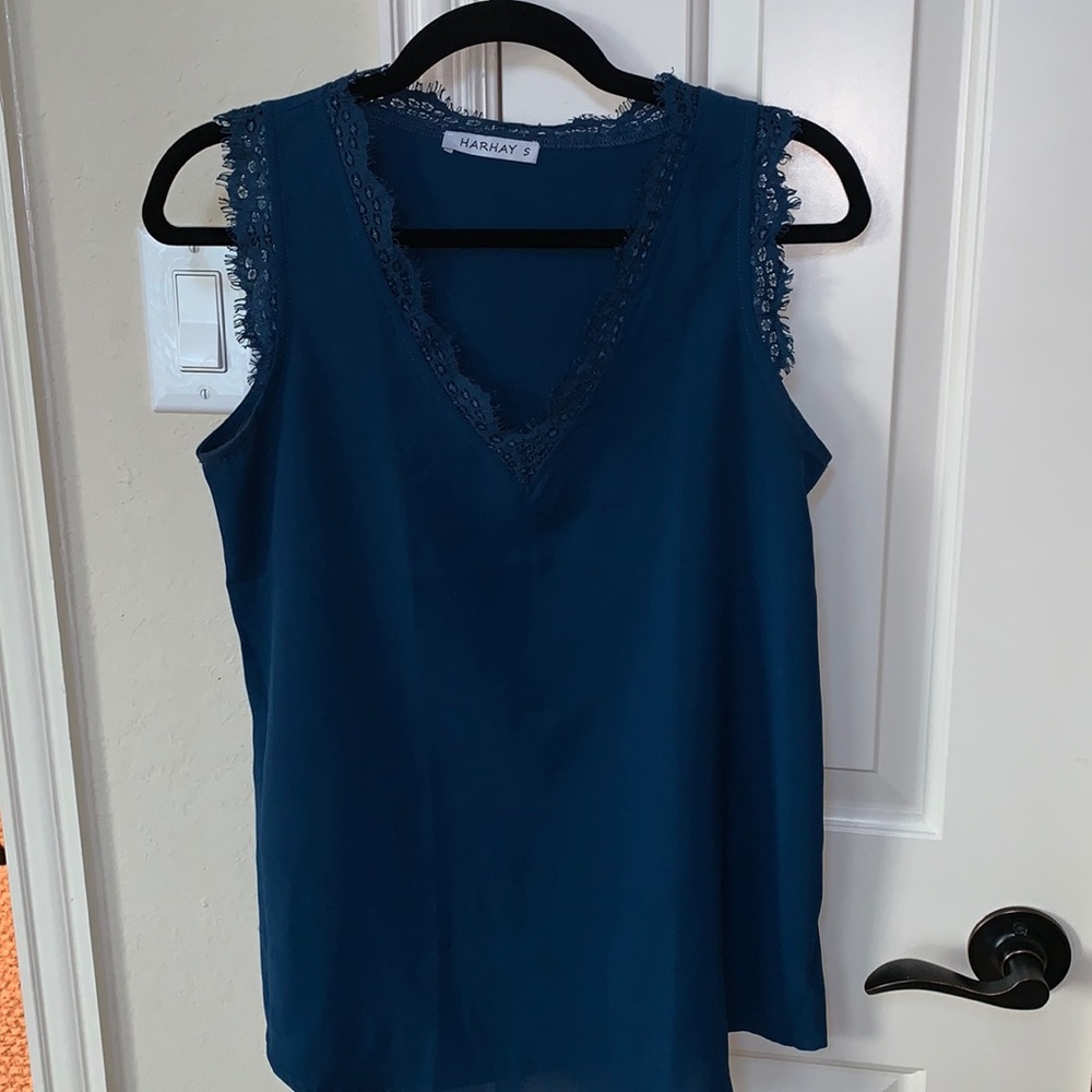 Dark V-neck with lace and polyester.  Steele/french blue mix.